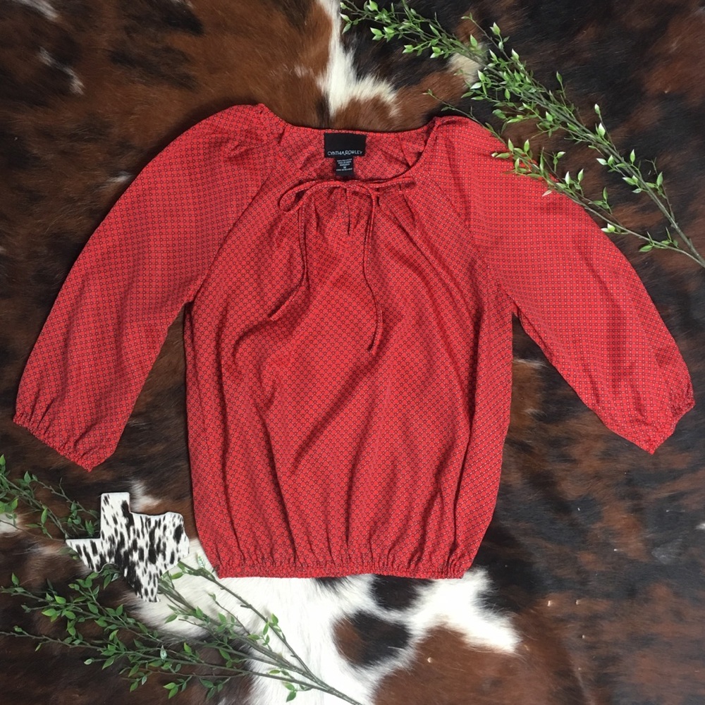 CYNTHIA ROWLEY • Red Navy Printed Bow Neck Blouse